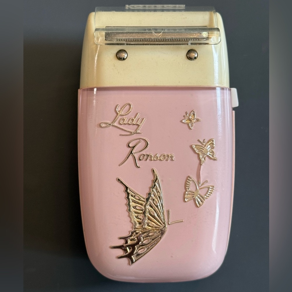 VINTAGE 60’s Lady Ronson Electric Shaver Pink Gold Butterflies 5-piece Set Works
